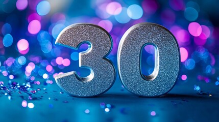 Stylish Silver Number 30 with Sparkling Background and Bokeh for Celebrating 30th Anniversary