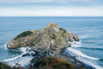 San Juan de Gaztelugatxe Hermitage with Zigzag Staircase and Stone Bridge, Bermeo, Spain