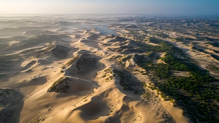 Aerial shot of vast sandy dunes meeting a tree-lined area with a river, early morning
