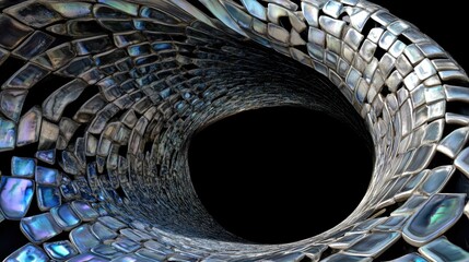 Polished abalone shell fragments arranged in a shimmering iridescent vortex tunnel