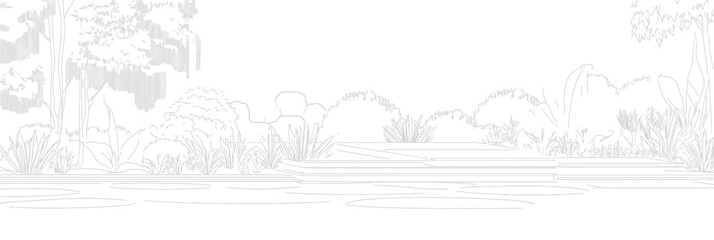 Obraz premium Minimalist line drawing of landscaped garden pond with surrounding shrubs, aquatic plants, and layered stone edging in side view perspective for landscape design concept