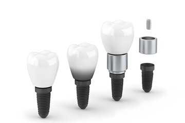 Anatomical parts of dental implant on white background, realistic 3D model of prosthetic dentistry components.