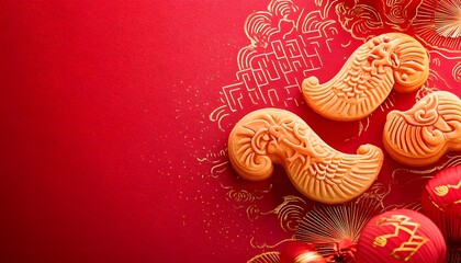 Chinese Fortune Cookies & Symbols on Red for 2026 Wooden horse