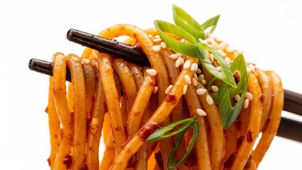 Delicious spicy asian noodles being lifted by dark chopsticks against white background