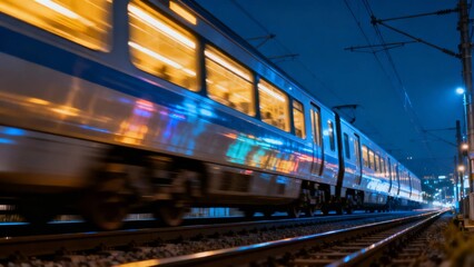 Nighttime train in motion on railway tracks with illuminated windows and urban background