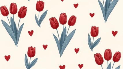 Vibrant red tulips and hearts on cream background for Valentine's Day