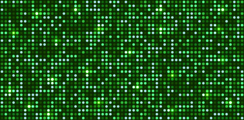 Glowing green halftone dot background. Bright circular lights grid on dark. Futuristic and vibrant texture pattern. Geometric minimal digital design. Abstract vector illustration.