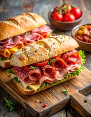 Variety of deli sandwiches featuring salami, ham, and cheese, arranged for serving