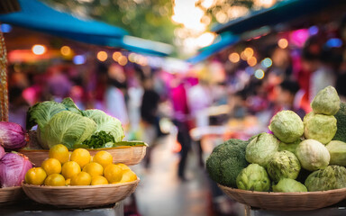Mercado local vibrante, interacci&oacute;n cultural, colores vivos.