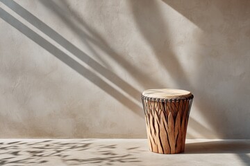 Traditional nigerian talking drum made of carved wood and leather standing against a minimalist beige concrete wall with soft artistic shadows, concept of african music heritage and rhythm