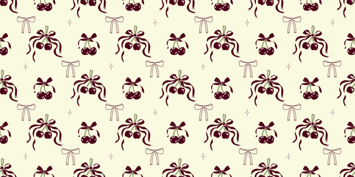 Cherry Coquette Seamless Pattern in a Cute Hand-Drawn Cherries with Pink Bows and Sparkles. Girly Aesthetic Background for Wrapping Paper, Stationery, Digital Journaling, and Textiles. 