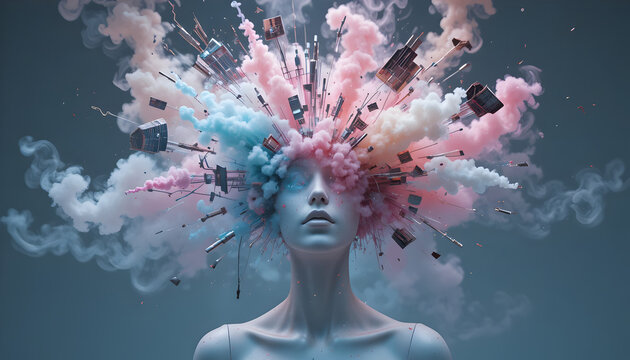 Surreal woman with colorful smoke and technology exploding from head