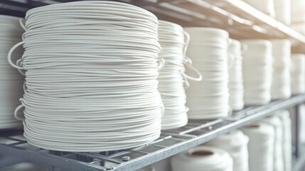 Rows of white flexible duct tubing spools stacked on industrial shelves for storage and manufacturing