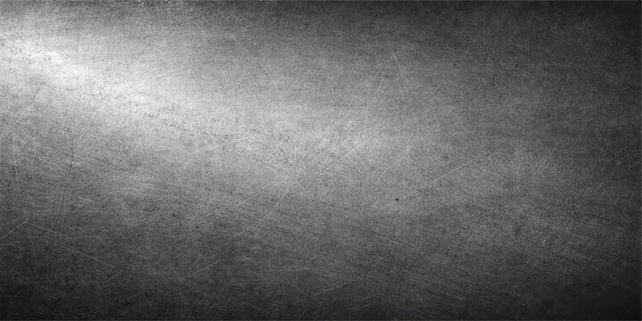 Aged dark brushed metal plate with a vintage grunge texture on a rough grey concrete wall surface backdrop