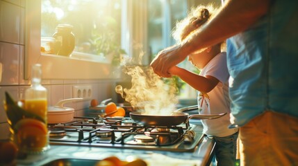 Burn Awareness Week: Modern home kitchen with parent teaching child about stove safety, keeping safe distance from hot cooking surface, bright morning sunlight, educational family moment