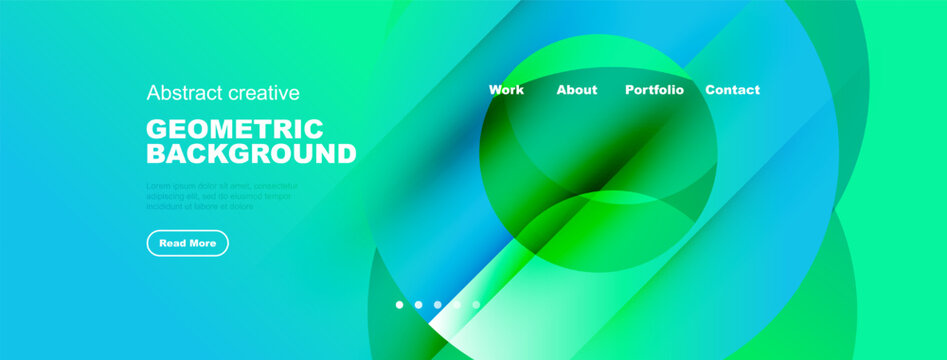 Modern website header design. Vibrant teal, green gradients create fluid shapes. Text elements present portfolio information, call to action.