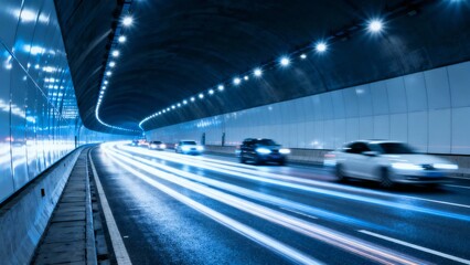 Vehicles moving through a well-lit tunnel with light trails from long exposure photography