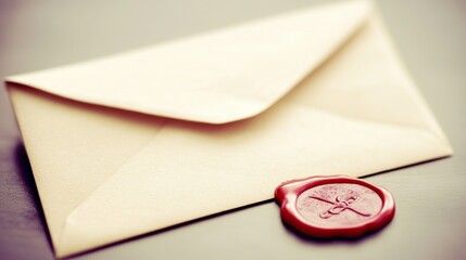 Elegant Cream Envelope with Red Wax Seal Resting on a Soft, Blurred Surface