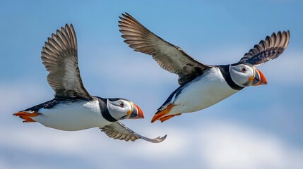 Obraz premium Two colorful seabirds, black/white bodies, orange beaks and feet, wings spread, in flight against a blue sky