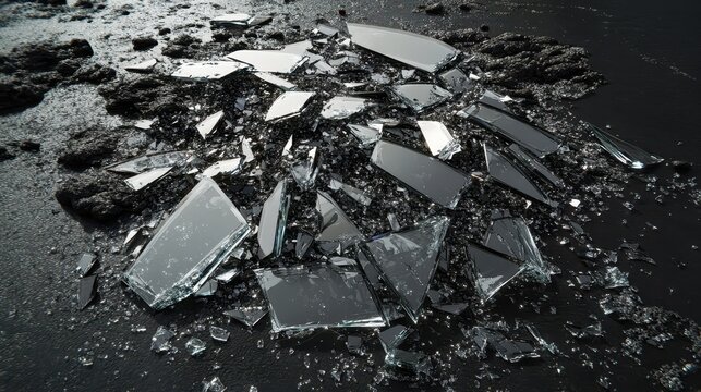 Sharp fragments of shattered safety glass lie scattered across a dark textured surface creating a sparkling dangerous debris field with dramatic light reflections