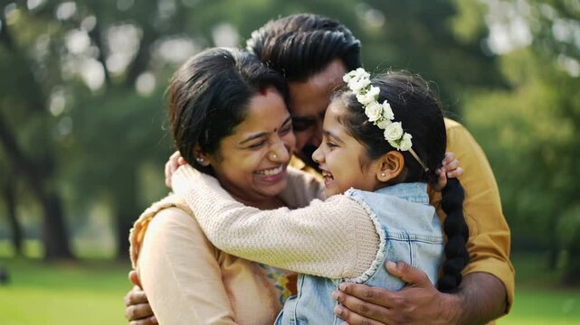 Happy indian family having fun together outdoor - Asian parents and female child - Family love and bonding concept - Models by AI generative