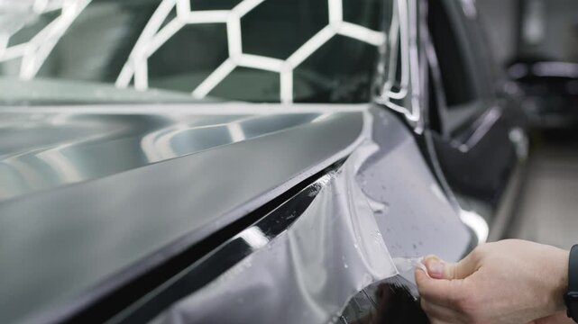 Skilled mechanic carefully applying vinyl wrap to vehicle surface, transforming appearance with precision automotive detailing technique