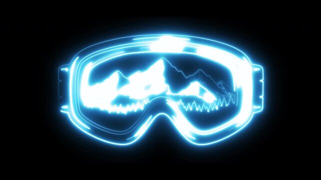 Neon Blue Ski Goggles with Mountain Reflection Animation. Futuristic Alpha Channel. 4K