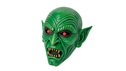 Green monster mask with sharp teeth and glowing eyes  for Halloween isolated on transparent background cut out