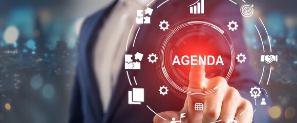 Business professional setting digital agenda with technology icons