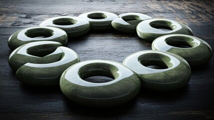 Smooth polished jade interlocking discs forming a continuous circle arrangement on a dark wooden surface
