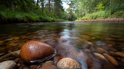 Smooth water worn pebbles forming patterns on a dry riverbed in a sunlit forest stream