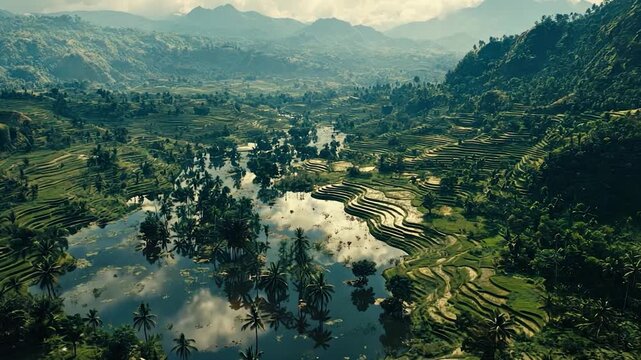 Lush terraced rice paddies nestled in a valley, reflecting clouds in a still pool