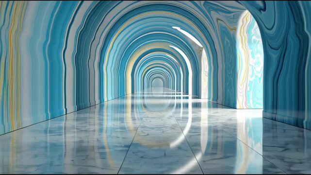 Cinematic Forward Motion through Elegant Blue and White Marble Corridor for Luxury Salon and Beauty Concepts