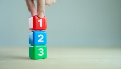 Hand holding colorful numbered blocks stacked in ascending order