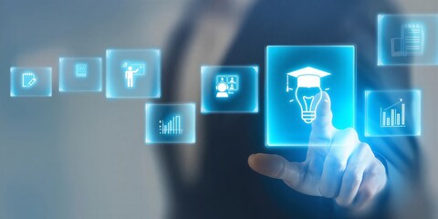 Hand holding glowing lightbulb with digital innovation icons floating around