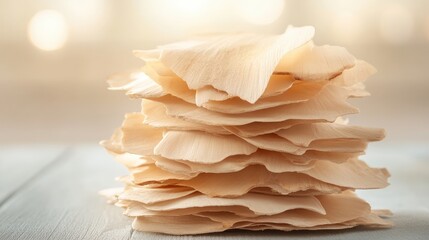 Stack of smooth pale birch bark pieces artfully layered in natural light