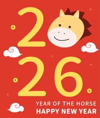 2026 cute  Horse Illustration on Red Background for Year of the Horse 2026 Lunar New Year Celebration