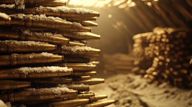 Stacked snow dusted ammunition belts in a frozen trench