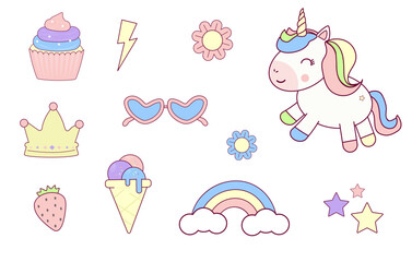 Naklejka premium Cute Colorful Set of unicorn doodles