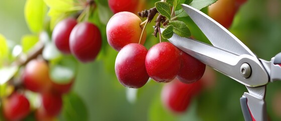 Pruning apple tree branches with red garden shears in a close-up view against a bright green background in a garden during the day