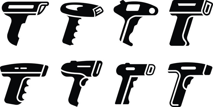 Collection of diverse handheld barcode scanner icons featuring pistol grips and different scanning apertures presented as graphic elements