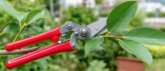 Close-up view of pruning shears with a red handle cutting a young tree branch in the garden during daylight in a well-maintained outdoor space
