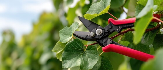 Close-up view of shears with red handle cutting young tree branch in garden during daytime