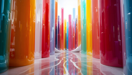 Vibrant colorful cylindrical pillars in modern reflective space