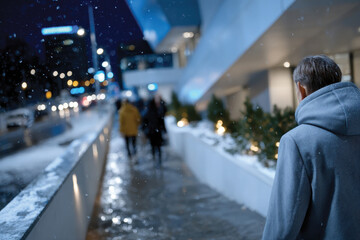 Obraz premium A man walks away through a snowy urban street, encapsulating the essence of winter and contemporary design in a serene environment contrasting warmth of city lights.