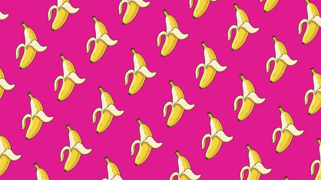 Energetic pop-art motion background featuring hand-drawn peeled bananas gliding in a rhythmic diagonal flow. The high-contrast combo of yellow fruit on a bold magenta backdrop