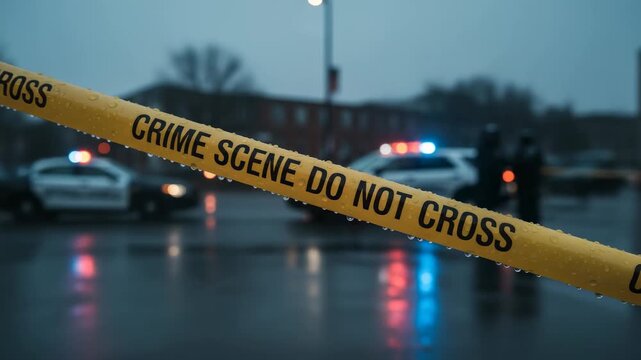Yellow crime scene tape with water drops marking off an active investigation area as police officers and cars with flashing lights secure the perimeter on a rainy evening