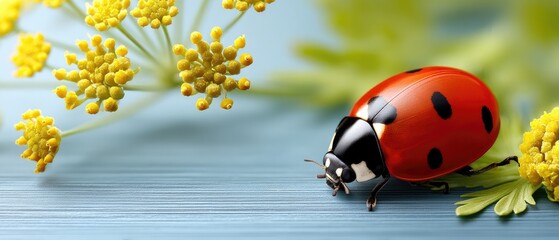 Naklejka premium Close-up view of a ladybug on yellow dill flowers with green leaves in the background during soft daylight