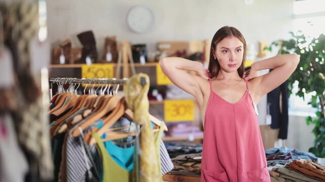 Young playful woman trying on summer romper in clothing store 