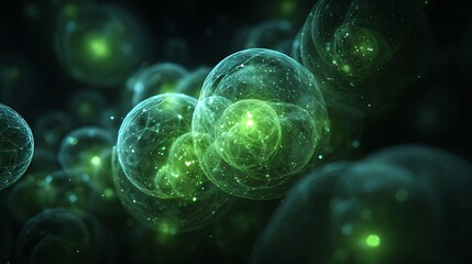 Close-up of glowing, translucent, spherical forms with internal light effects, deep in darkness
